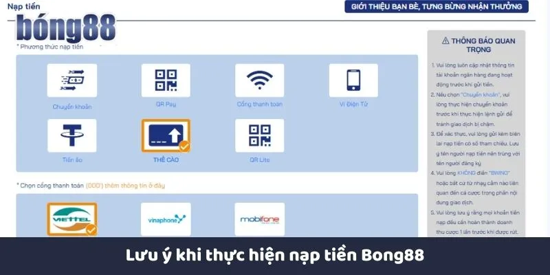 Lưu ý quan trọng khi thực hiện nạp tiền Bong88